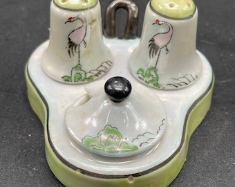 Vintage Tiny Iridescent Lusterware Salt and Pepper Set with Base Tray