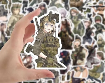 May include: A sticker featuring a cartoon illustration of a female soldier wearing a tactical vest and helmet. She is holding a rifle and has a determined expression on her face. The sticker is printed on white paper and has a glossy finish.