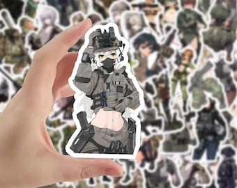 May include: A sticker featuring a female anime character wearing a tactical vest and holding a gun. She has white hair and is wearing a black face mask. The sticker is on a white background.