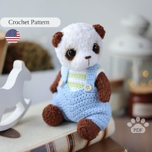 Amigurumi panda crochet pattern, cute stuffed panda tutorial in clothes, teddy bear PDF, amigurumi bear pattern, DIY amigurumi animal toy