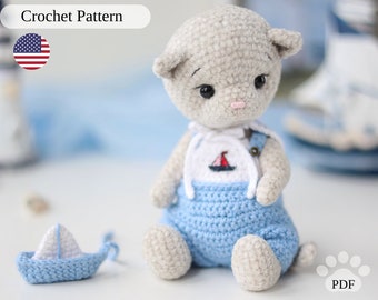 Amigurumi cat crochet pattern PDF, stuffed kitten in clothes tutorial, plush crochet toy
