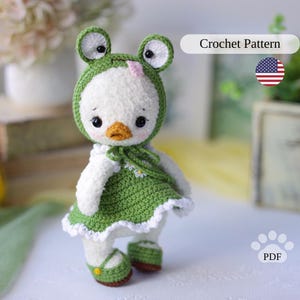 Amigurumi Duck Crochet Pattern, cute plush duck in clothes tutorial, stuffed animal toy PDF, plush bird crochet pattern