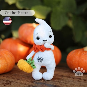 Ghost crochet pattern, amigurumi spook with pumpkin, cute Halloween decor PDF, easy spooky tutorial, funny DIY home decor