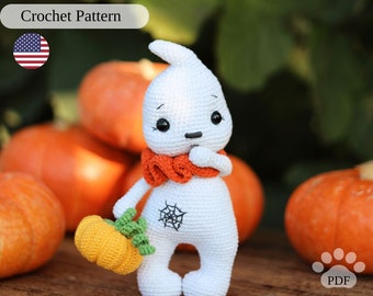 Ghost crochet pattern, amigurumi spook with pumpkin, cute Halloween decor PDF, easy spooky tutorial, funny DIY home decor