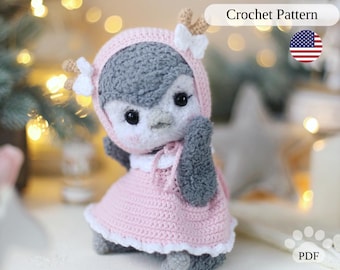 Penguin crochet pattern, plush penguin amigurumi, soft animal toy PDF tutorial, little penguin in clothes