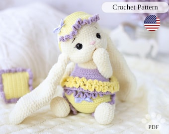 Amigurumi bunny crochet pattern, plush rabbit toy in clothes tutorial, DIY stuffed animal
