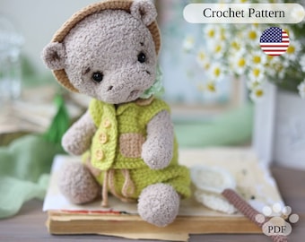 Hippo crochet pattern, amigurumi plush hippo in clothes tutorial (PDF), crocheted hippopotamus, DIY safari animal toy