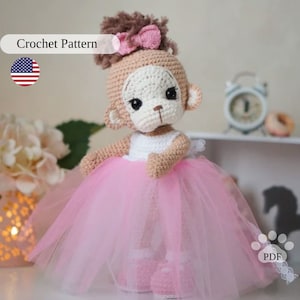 Amigurumi monkey crochet pattern, easy monkey doll in a dress tutorial, DIY toy for beginners, cute nursery decor