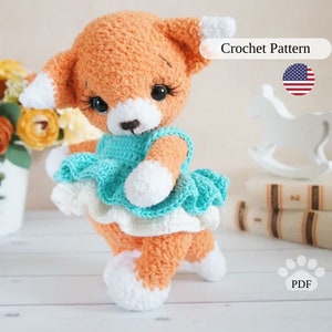 Fox Amigurumi Crochet Pattern, plush fox in dress PDF tutorial, forest animal toy.