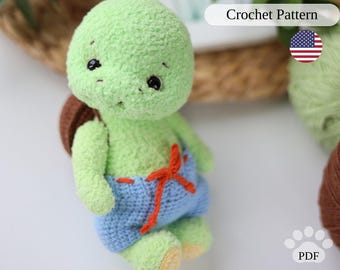 Amigurumi turtle crochet pattern, plush toy turtle with clothes (PDF), sea turtle DIY