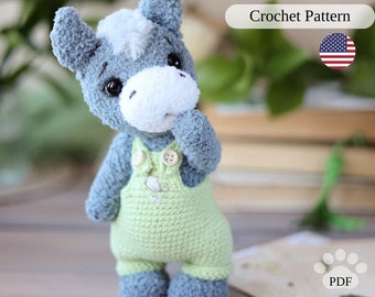 Wzór na szydełkowego osiołka amigurumi, pluszowy osioł z ubrankami (PDF), pluszowe zwierzątko DIY, samouczek robienia szydełkowej pluszowej zabawki