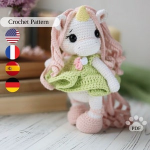 Amigurumi unicorn crochet pattern, cute unicorn tutorial with dress, easy amigurumi for beginners, cute crochet doll PDF, DIY nursery decor