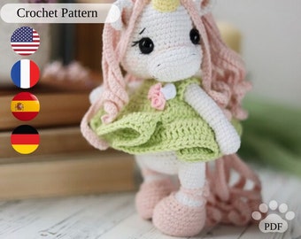 Amigurumi unicorn crochet pattern, cute unicorn tutorial with dress, easy amigurumi for beginners, cute crochet doll PDF, DIY nursery decor