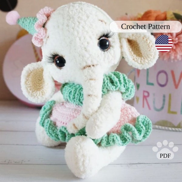 Elephant crochet pattern. Amigurumi plush elephant tutorial. Safari amigurumi. Stuffed elephant