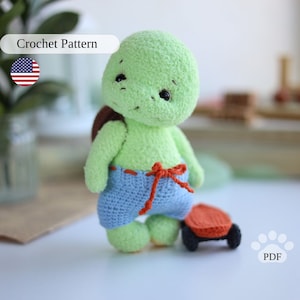 Amigurumi turtle crochet pattern PDF, cute plush little turtle with clothes amigurumi, DIY soft toy tutorial - Instant Download