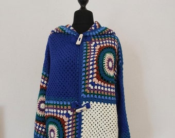 Jacke gehäkelt, Damenjacke im Boho-Stil,Patchwork Design lang,stylische Häkeljacke Häkelmantel Strickjacke, lange Pullover Jacke