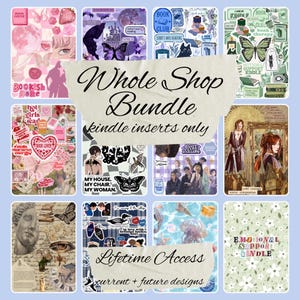 Könnte beinhalten: Eine Sammlung von Kindle-Einsätzen mit verschiedenen Designs, darunter Schmetterlinge, Buchmotive und florale Muster. Der Text enthält "Whole Shop Bundle", "Lifetime Access" und andere Phrasen.