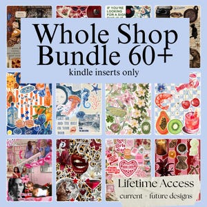 May include: A collection of digital art prints with a variety of themes, including vintage, floral, and food illustrations. The prints feature text elements like "Whole Shop Bundle 60+" and "Lifetime Access". The color palette includes blues, reds, and pinks.