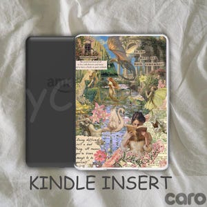 Puede incluir: Inserto para Kindle con un diseño de collage que presenta a una mujer leyendo, sirenas, un dragón y flores. El texto incluye "to the moon and back, remember?" y "Being different isn't a bad thing."