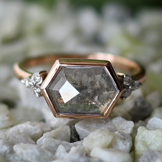 Hexagon Cut Diamond Ring Salt and Pepper Diamond Ring East Etsy