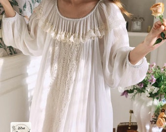 Chemise de nuit en coton, printemps/été, nouveau français rétro style palais des fées en dentelle ample chemise de nuit longue princesse pyjama fille