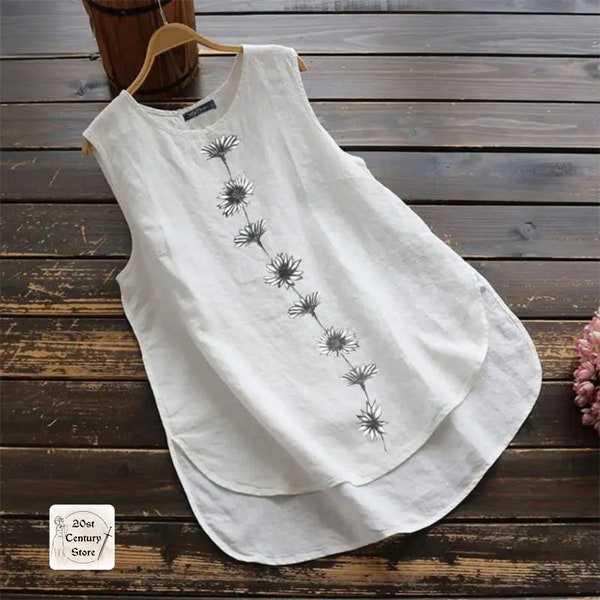 Comfortable Tank Top Women Summer Sleeveless Blouse Floral Printed Shirt Casual Cotton Linen Blusas Female Loose Vests Robe,Relaxed Fit