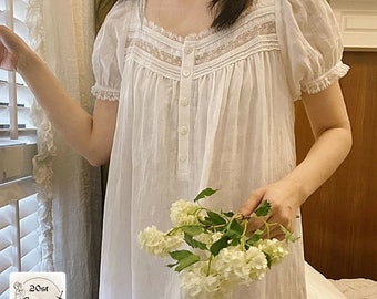 Sommer Nachtkleid, Weißes Nachtkleid,Baumwoll Nachthemd,Sommer Pijamas,Victorian Style Weiß Baumwolle Nachtkleid
