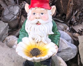 Garden Gnome Outdoor Statue with Bird Feeder (White Flower)