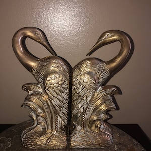 Pair of Vintage Art Deco Solid Brass Crane Bookends |  Heron Erget Bird Book Ends Gold Metal Book Holders Statue Sculpture