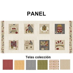 Puede incluir: Un panel de tela con fondo beige y nueve cuadrados con ilustraciones de casas, cestas y otras imágenes de temática rural. El panel está bordeado con un patrón floral. El texto "PANEL" está en la parte superior de la imagen y "Telas colección" en la parte inferior. La imagen también muestra una selección de muestras de tela en varios colores y patrones.
