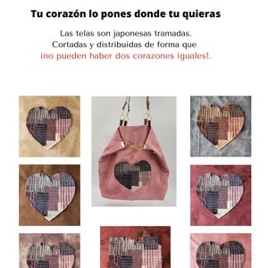 Könnte beinhalten: Eine rosafarbene Stofftasche mit einem herzförmigen Patch aus japanischem Stoff. Der Patch besteht aus einem Patchwork aus verschiedenen Stoffen. Die Tasche hat zwei Henkel und ein goldenes Kettendetail. Der Text auf dem Bild lautet: "Tu corazón lo pones donde tu quieras. Las telas son japonesas tramadas. Cortadas y distribuidas de forma que no pueden haber dos corazones iguales!"  www.fourmtienda.com hola@fourmtienda.com