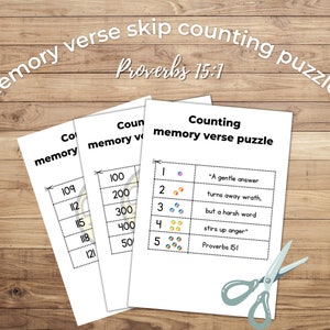 May include: A printable memory verse puzzle for children featuring the Bible verse Proverbs 15:1. The puzzle includes a skip counting activity with numbers 100, 200, 300, 400, and 500. The verse is "A gentle answer turns away wrath, but a harsh word stirs up anger."