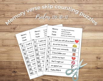 Memory verse skip counting puzzles Psalms 119:11, Bible verse craft, Bible verse puzzle, scripture memory verse, homeschool printable craft