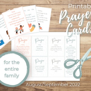 May include: Printable prayer cards for the whole family. The cards are white with blue and pink accents. The cards feature different prayers for children, parents, and families.
