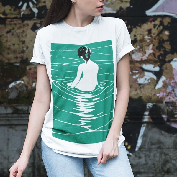 Japanese Inspired T-Shirt Adapted From A Postcard Of Women In A River Unisex Organic Cotton & Vegan Trendy T-Shirt