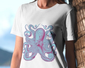 Vintage Octopus T-Shirt Originally by Ernst Haeckel (1904) Reimagined in Blue / Pink Unisex Organic Cotton & Vegan Trendy T-Shirt