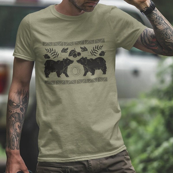 Cottagecore Forest Bear Organic Cotton T-Shirt | Linocut Wildlife Nature Tee | Eco-Friendly Vegan Fashion