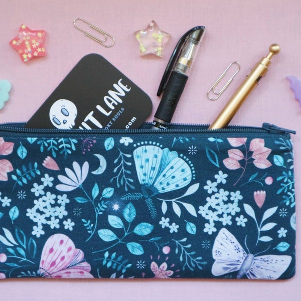 Lunar Lovelies - Handmade Mini Slim Pencil Case - Make Up Bag Zip Pouch - Crochet Hook Storage - Boho Alternative Gifts - Floral Moths Moon