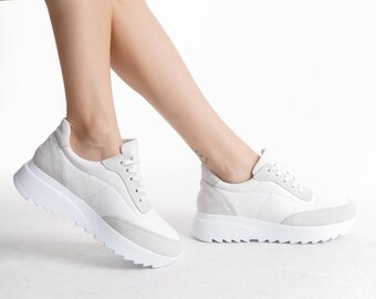 Women's White Genuine Leather Casual Sports Shoes, Leather Sneakers, Special for valentine's day, gift girl