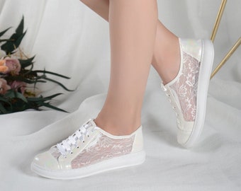 Luxury white women's sneakers, bridal shoes with lace embroidery, stylish sneakers, sports bridal shoes, Valentine's Day