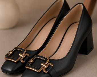 Black Leather Block Heel Pumps, Gold Buckle Heels for Women, Handmade Elegant Office Shoes, Old Money Style Heels, Comfortable Dress Pumps