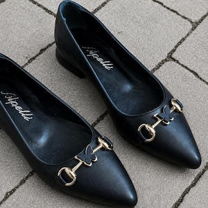 Ballerines noires en cuir véritable avec boucle papillon, ballerines à bout pointu pour femme, chaussures de ville élégantes en cuir, ballerines habillées chics pour tous les jours