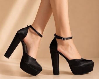 Black Platform Heels for Women, Ankle Strap High Heels, Bridal Party Shoes