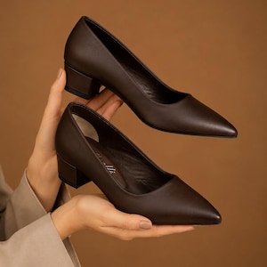 Peut inclure: Une paire d'escarpins en cuir marron fonc&eacute; avec un bout pointu et un talon bloc. Les chaussures sont tenues par les mains d'une personne sur un fond marron. Le talon mesure environ 5 cm.