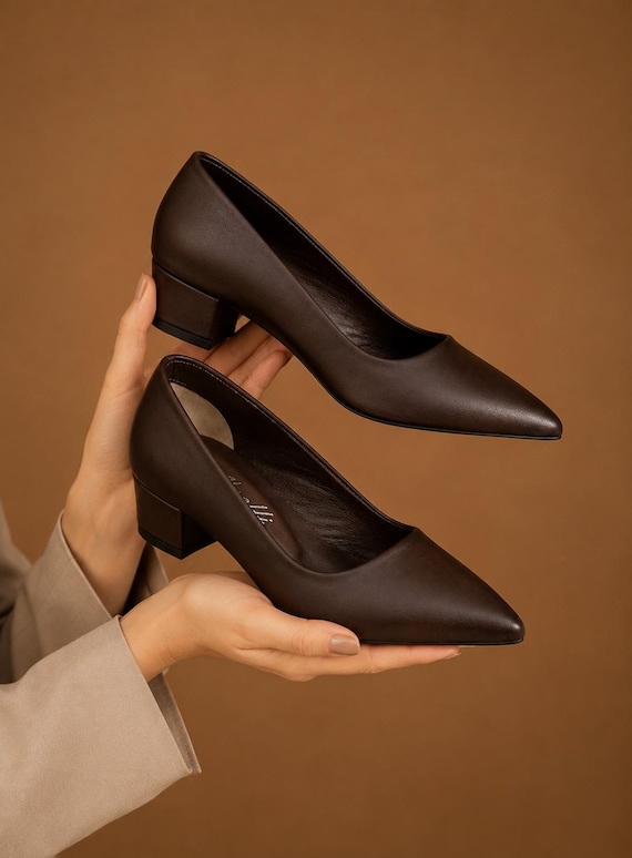 Brown Genuine Leather Pumps for Women, Pointed Toe Low Heel Shoes, Handmade Elegant Office Heels, Comfortable Classic Leather Pumps