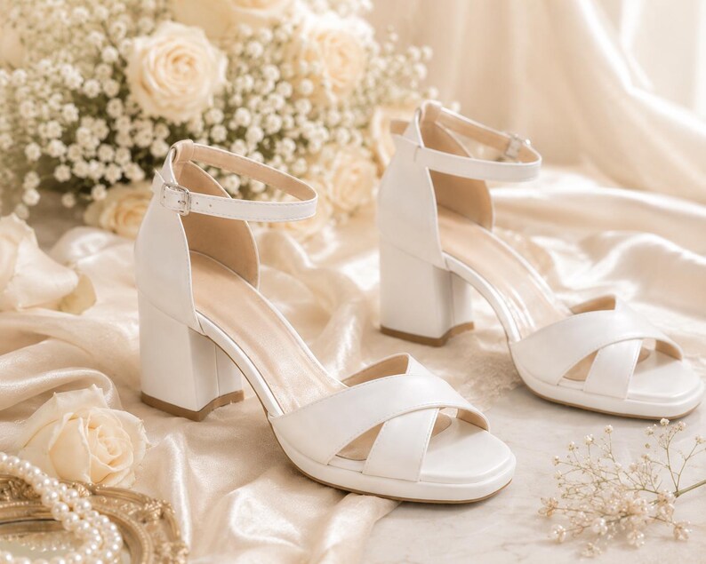 May include: A pair of white, block-heeled sandals with ankle straps. The sandals have a criss-cross design over the toes and are set against a backdrop of cream-colored roses and fabric. The heels appear to be approximately 3 inches high.