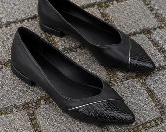 Zwart leren ballerina's voor dames, bestseller platte schoenen met spitse neus, echt leren designerschoenen, minimalistische flats met krokodillenpatroon