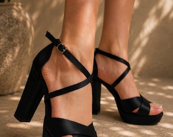 Black Satin Platform Heels for Women, Chunky Block Heel Sandals, Strappy Evening Heels, Elegant Party Shoes, Prom Platform Sandals