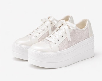 Bridal Sneakers Lace Wedding Shoes Platform Sneakers for Bride 6 cm Comfortable Wedding Shoes Ivory Lace Bridal Shoes Reception Shoes