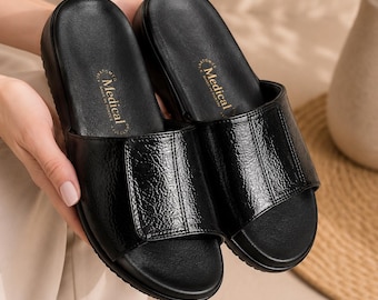 Sandalias planas negras de charol de primera calidad, sandalias ortopédicas cómodas, sandalias minimalistas de verano, sandalias de mujer con plantilla suave.